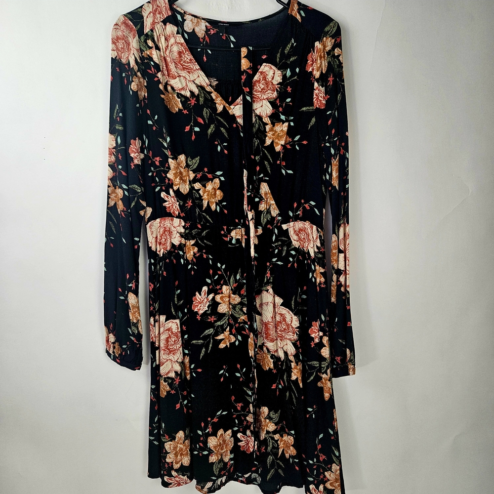 Vero Moda Pink and Orange Midi Long Sleeve Dress with V-Neck
